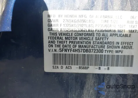2013 Honda Pilot Ex-L from USA, damaged, VIN 5FNYF4H57DB072300